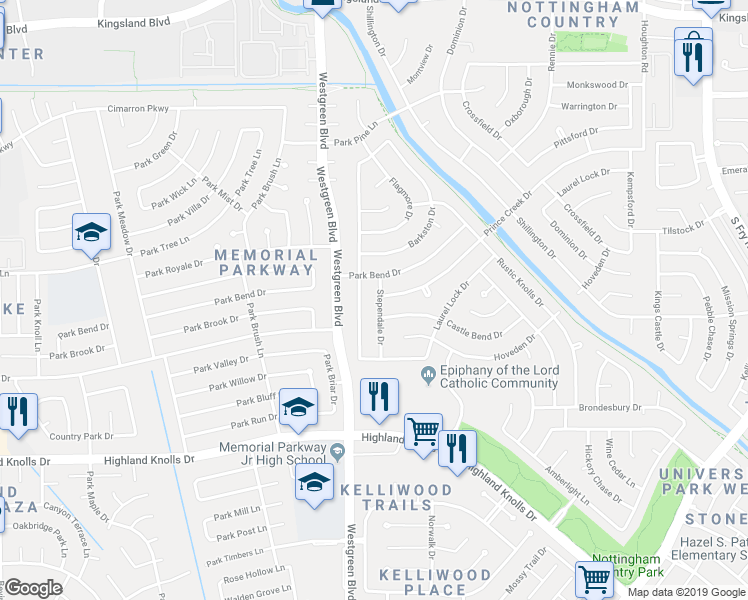map of restaurants, bars, coffee shops, grocery stores, and more near 1318 Stependale Drive in Katy