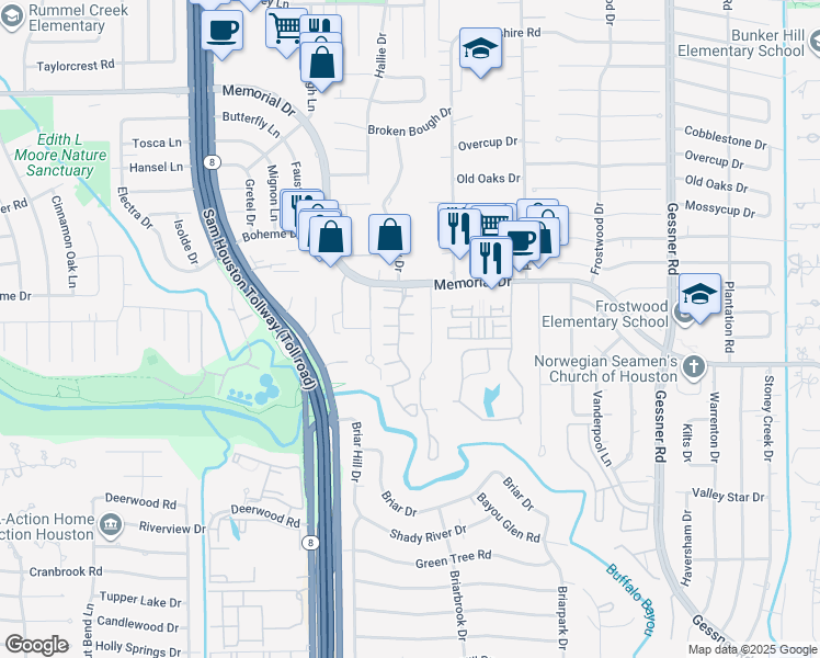 map of restaurants, bars, coffee shops, grocery stores, and more near 12625 Memorial Drive in Houston