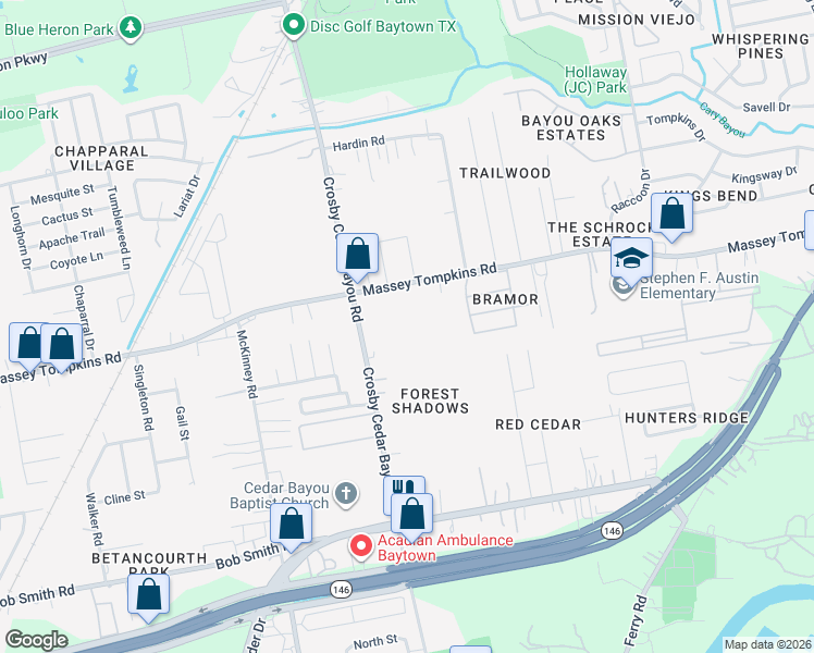map of restaurants, bars, coffee shops, grocery stores, and more near 3610 Crosby Cedar Bayou Road in Baytown