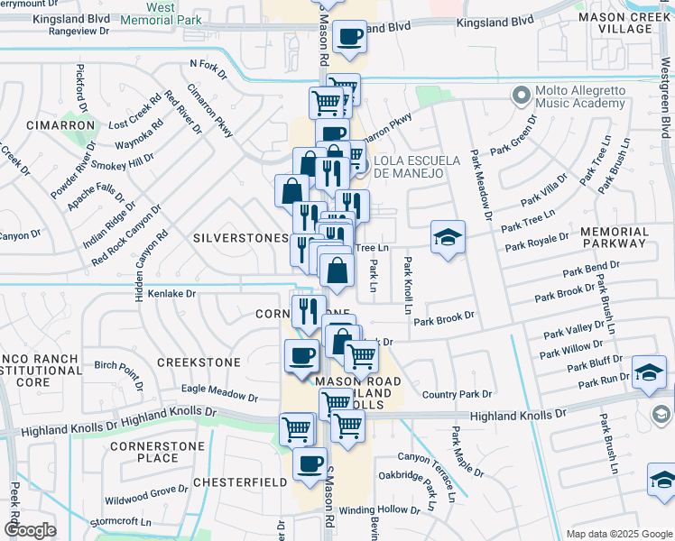 map of restaurants, bars, coffee shops, grocery stores, and more near 1109 Mason Road in Katy