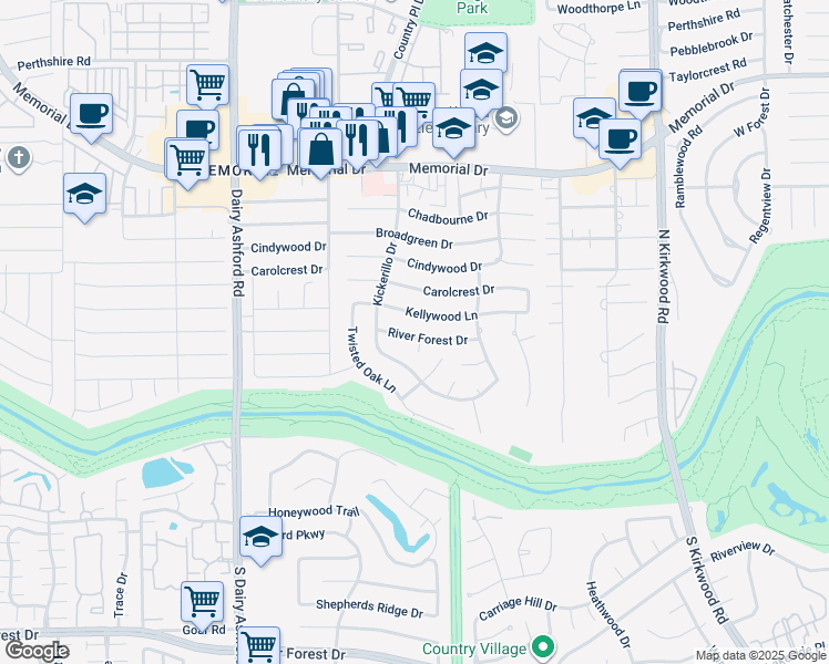 map of restaurants, bars, coffee shops, grocery stores, and more near 14346 River Forest Drive in Houston
