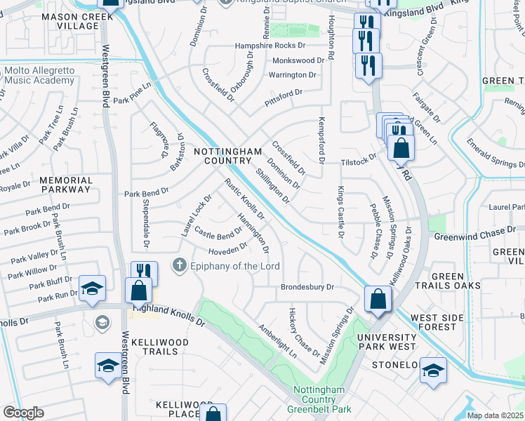 map of restaurants, bars, coffee shops, grocery stores, and more near 1411 Rustic Knolls Drive in Katy
