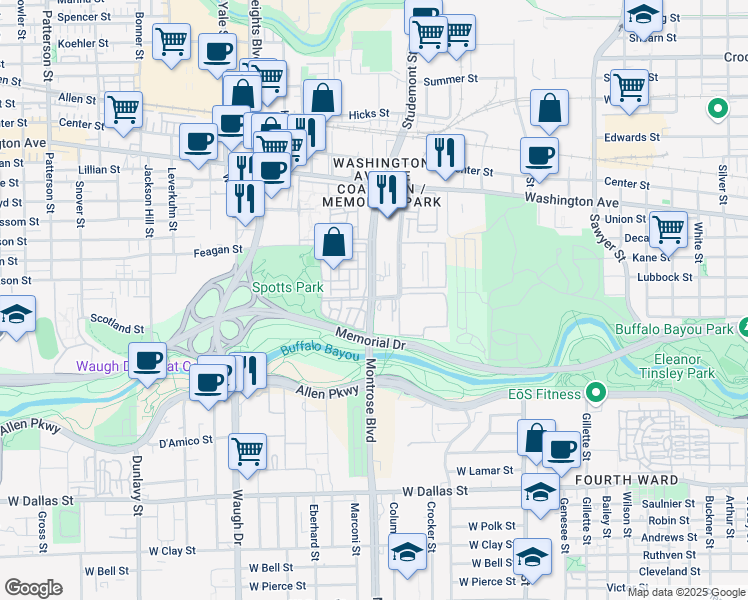 map of restaurants, bars, coffee shops, grocery stores, and more near Studemont St & Memorial Ct in Houston