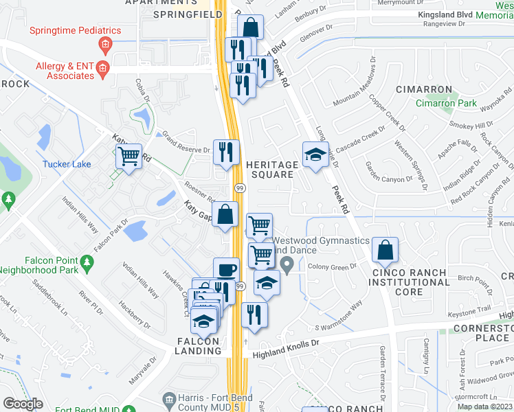 map of restaurants, bars, coffee shops, grocery stores, and more near 25142 Diamond Knoll Court in Katy