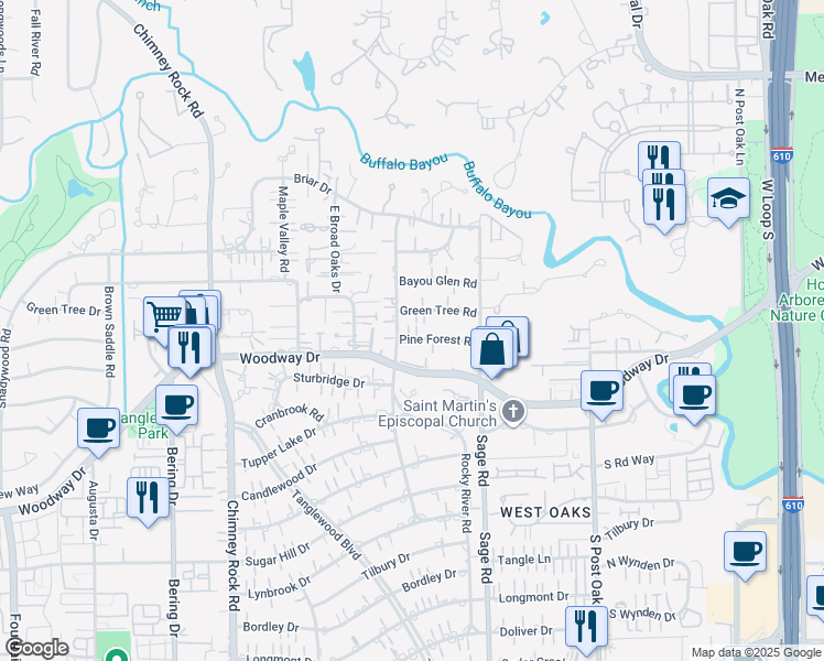 map of restaurants, bars, coffee shops, grocery stores, and more near 5308 Pine Forest Road in Houston