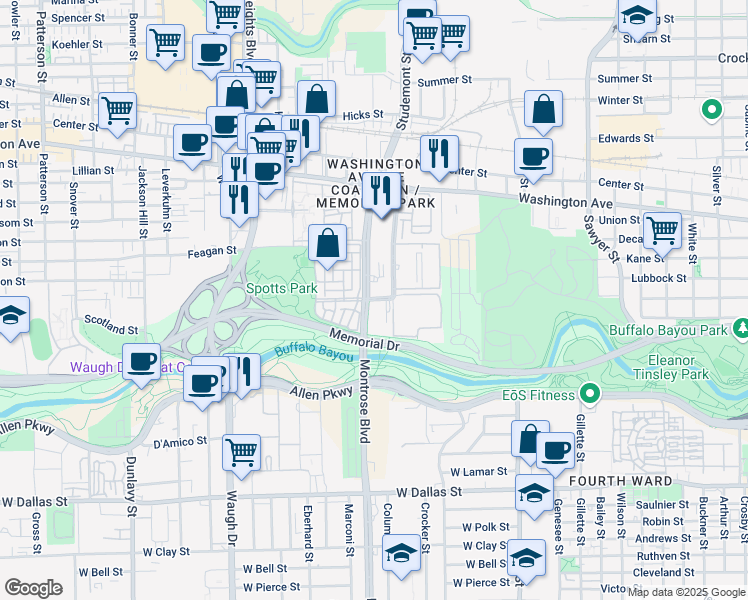 map of restaurants, bars, coffee shops, grocery stores, and more near 3315 Memorial Court in Houston