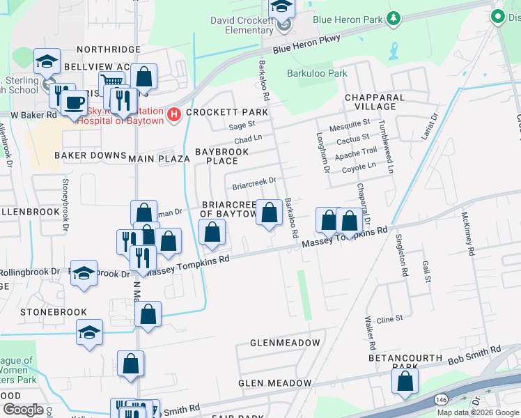 map of restaurants, bars, coffee shops, grocery stores, and more near 36 Crestbriar Court in Baytown