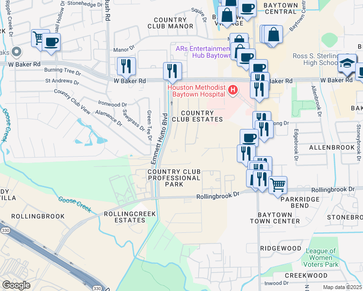 map of restaurants, bars, coffee shops, grocery stores, and more near 3915 Cooper Creek in Baytown
