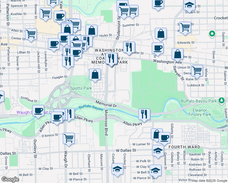 map of restaurants, bars, coffee shops, grocery stores, and more near 3003 Memorial Court in Houston