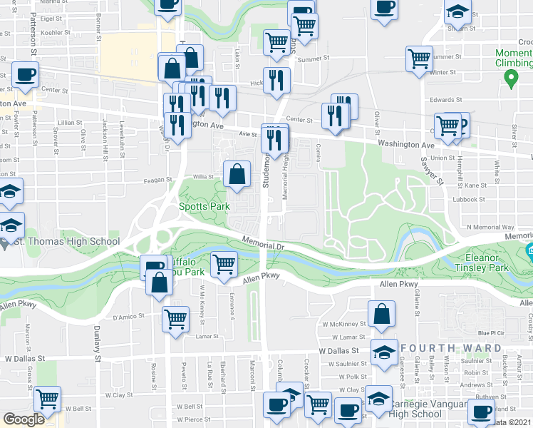 map of restaurants, bars, coffee shops, grocery stores, and more near 601 Studemont Street in Houston