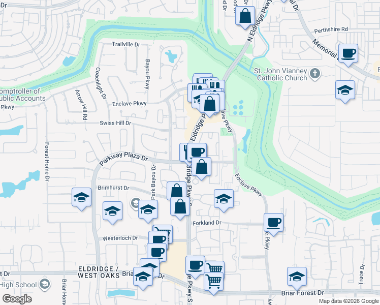 map of restaurants, bars, coffee shops, grocery stores, and more near 1255 Eldridge Parkway in Houston