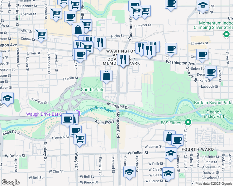 map of restaurants, bars, coffee shops, grocery stores, and more near 601 Studemont Street in Houston