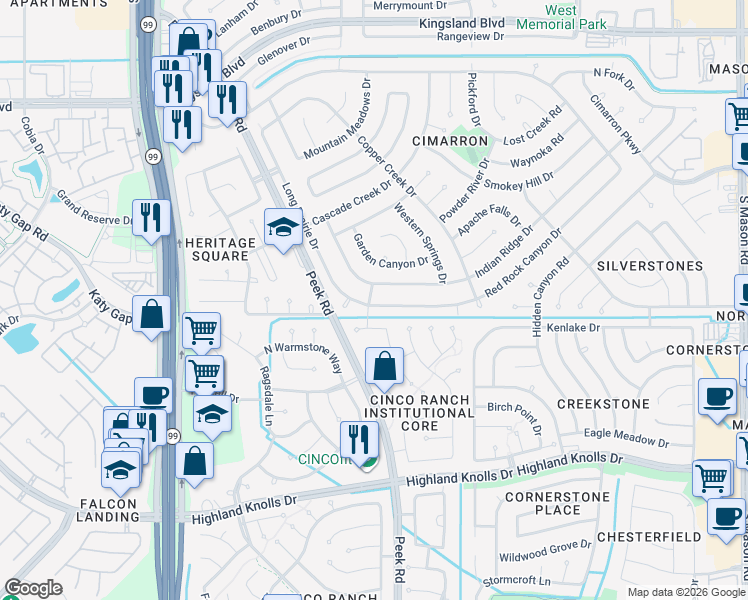 map of restaurants, bars, coffee shops, grocery stores, and more near 1190 Red Rock Canyon Drive in Katy