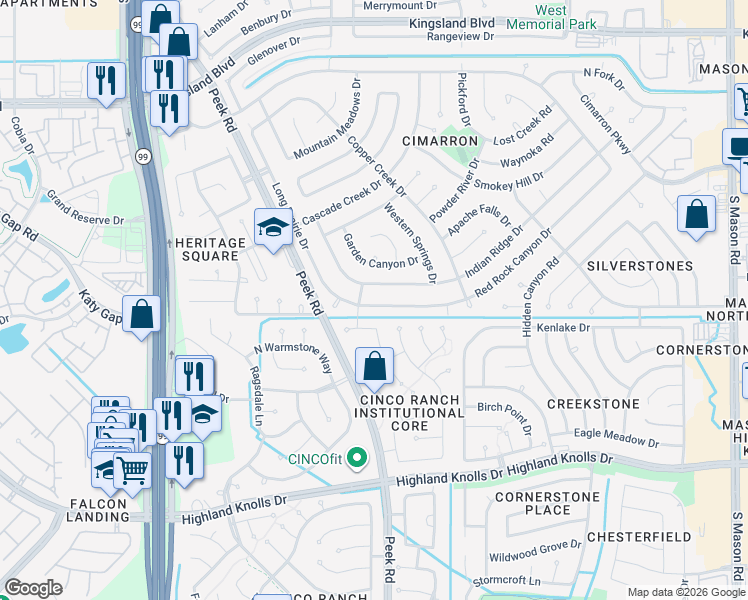 map of restaurants, bars, coffee shops, grocery stores, and more near 1190 Red Rock Canyon Drive in Katy