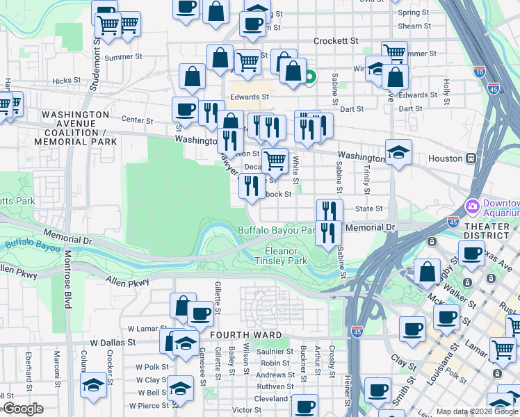 map of restaurants, bars, coffee shops, grocery stores, and more near 599 Hemphill Street in Houston