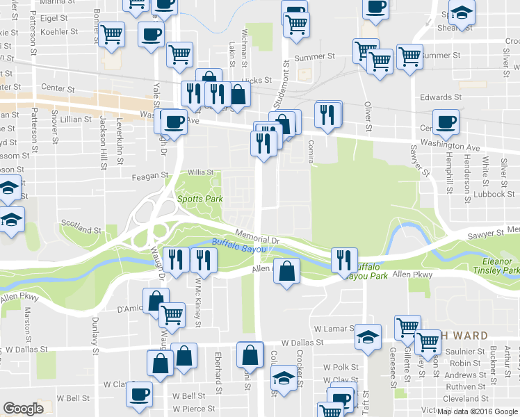 map of restaurants, bars, coffee shops, grocery stores, and more near in Houston