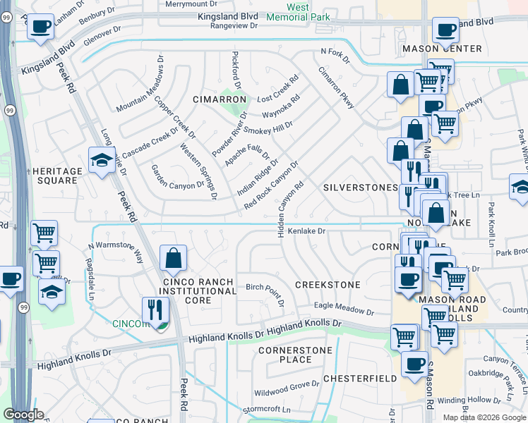 map of restaurants, bars, coffee shops, grocery stores, and more near 22618 Indian Knoll Drive in Katy