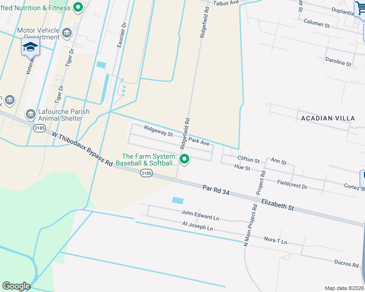 map of restaurants, bars, coffee shops, grocery stores, and more near 199 Hyland Drive in Thibodaux
