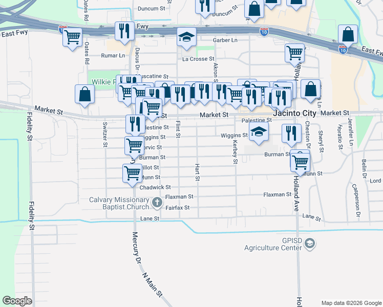 map of restaurants, bars, coffee shops, grocery stores, and more near 10526 Burman Street in Houston