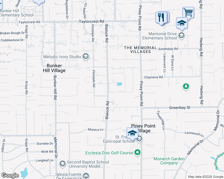 map of restaurants, bars, coffee shops, grocery stores, and more near 454 Blalock Road in Houston