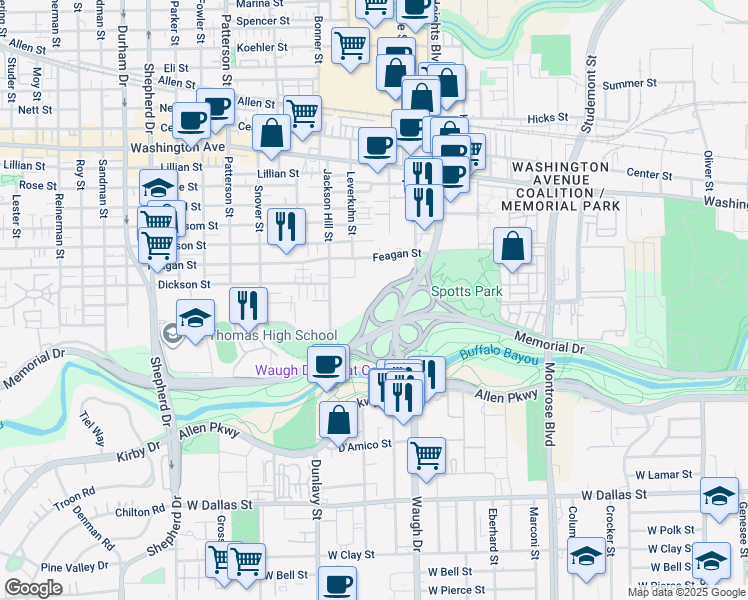 map of restaurants, bars, coffee shops, grocery stores, and more near Waugh Dr in Houston