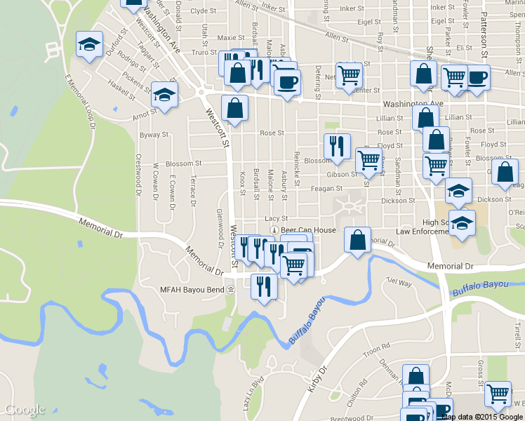 map of restaurants, bars, coffee shops, grocery stores, and more near 239A Malone Street in Houston