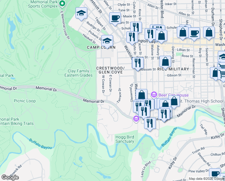 map of restaurants, bars, coffee shops, grocery stores, and more near 205 East Cowan Drive in Houston