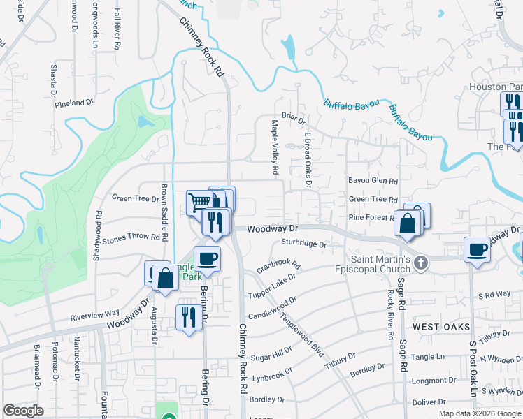 map of restaurants, bars, coffee shops, grocery stores, and more near 5627 Pine Forest Road in Houston