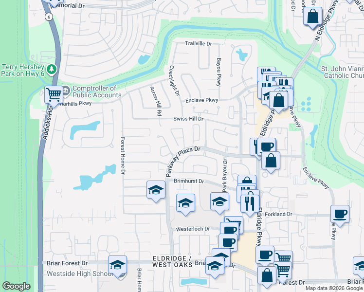 map of restaurants, bars, coffee shops, grocery stores, and more near 1203 Melford Drive in Houston