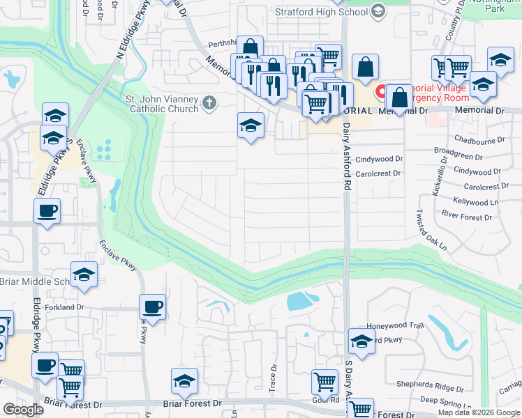 map of restaurants, bars, coffee shops, grocery stores, and more near 14746 River Forest Drive in Houston