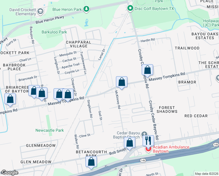 map of restaurants, bars, coffee shops, grocery stores, and more near 1701 Massey Tompkins Road in Baytown