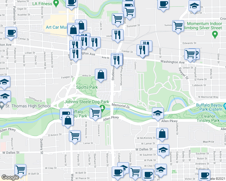 map of restaurants, bars, coffee shops, grocery stores, and more near 610 Studemont Street in Houston