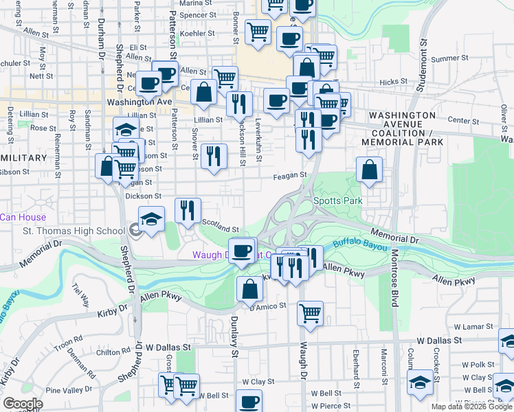 map of restaurants, bars, coffee shops, grocery stores, and more near 320 Jackson Hill Street in Houston