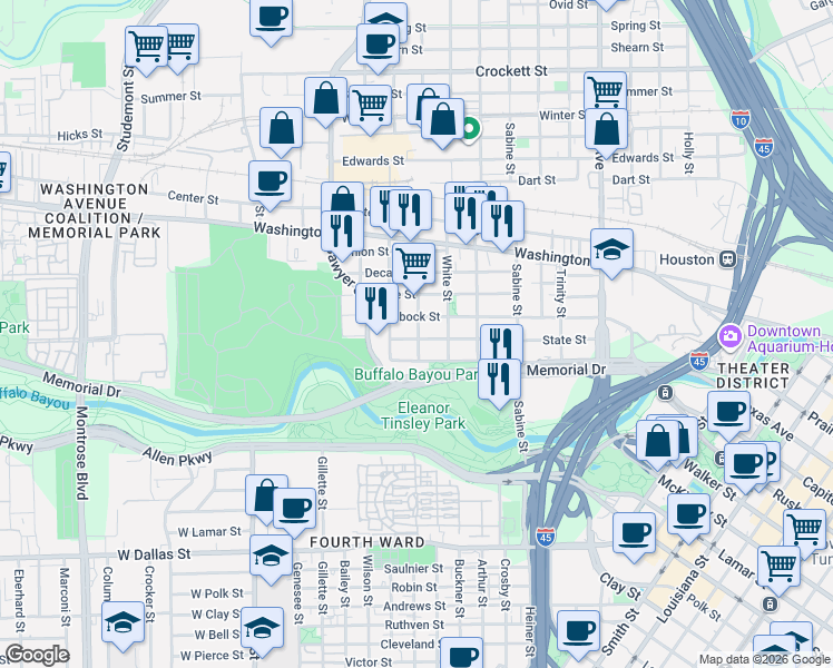 map of restaurants, bars, coffee shops, grocery stores, and more near 2017 State Street in Houston