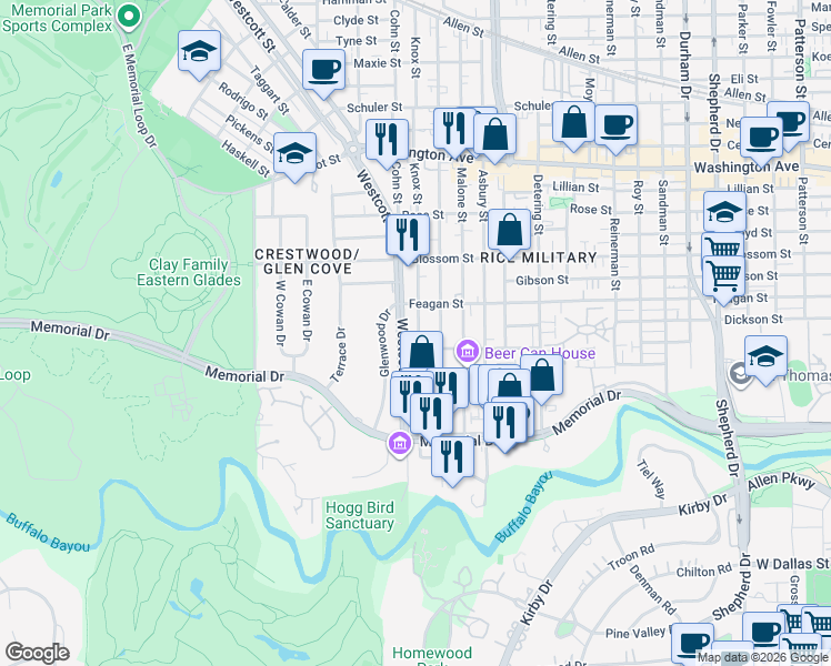 map of restaurants, bars, coffee shops, grocery stores, and more near 237 Knox Street in Houston