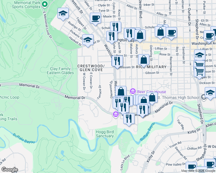 map of restaurants, bars, coffee shops, grocery stores, and more near 301 Glenwood Drive in Houston