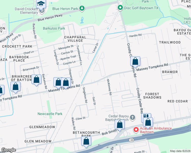 map of restaurants, bars, coffee shops, grocery stores, and more near 1701 Massey Tompkins Road in Baytown