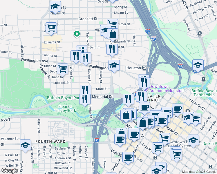 map of restaurants, bars, coffee shops, grocery stores, and more near 1550n North Memorial Way in Houston