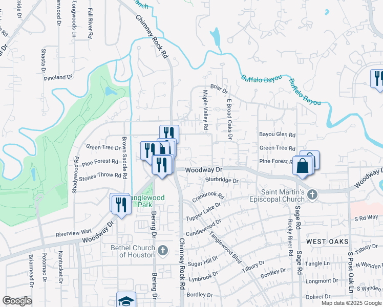 map of restaurants, bars, coffee shops, grocery stores, and more near 5313 Pine Forest Road in Houston