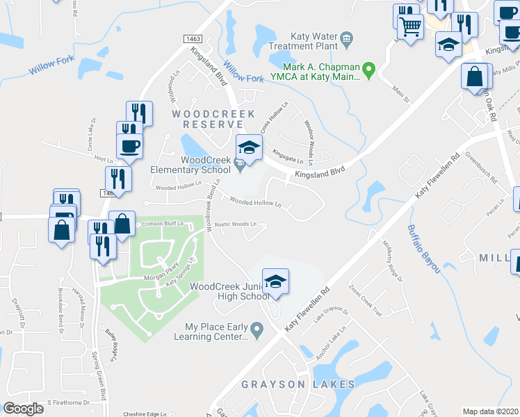 map of restaurants, bars, coffee shops, grocery stores, and more near 26207 Wooded Hollow Lane in Katy