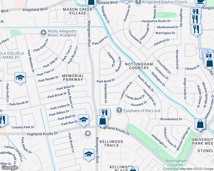 map of restaurants, bars, coffee shops, grocery stores, and more near 1318 Stependale Drive in Katy