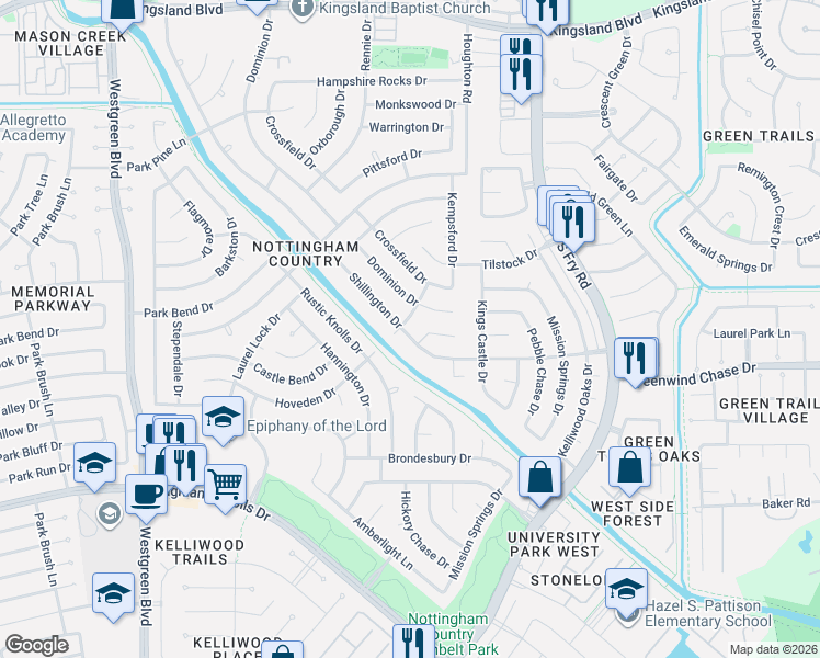 map of restaurants, bars, coffee shops, grocery stores, and more near 1410 Shillington Drive in Katy