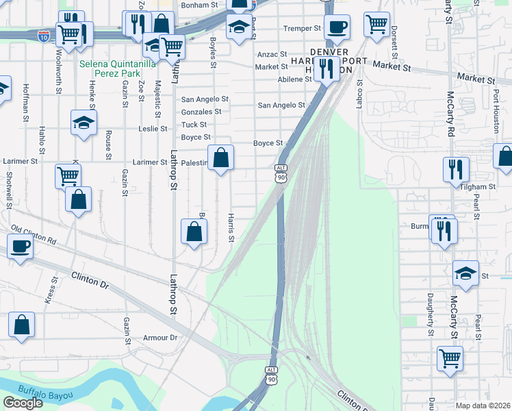 map of restaurants, bars, coffee shops, grocery stores, and more near 7217 Wiggins Street in Houston