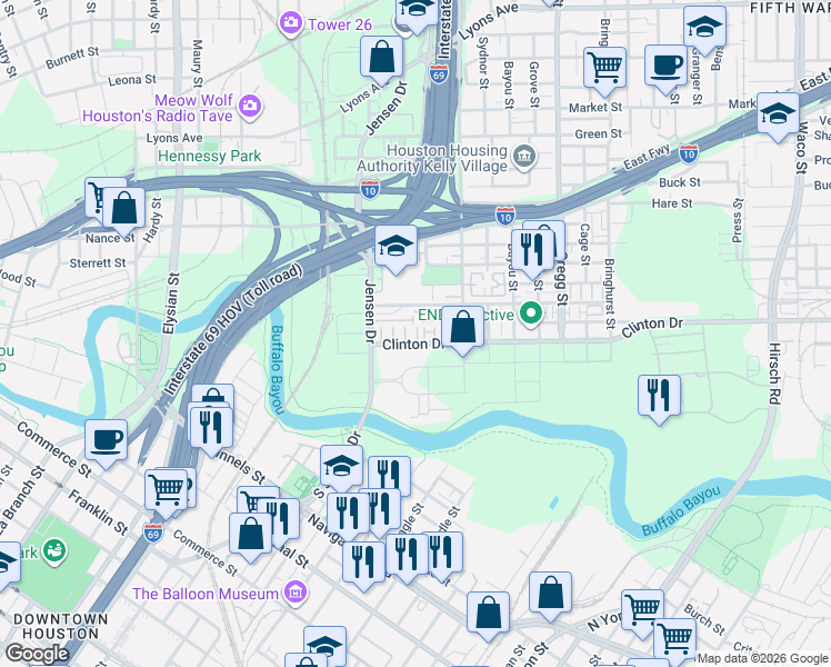 map of restaurants, bars, coffee shops, grocery stores, and more near 2727 Clinton Drive in Houston