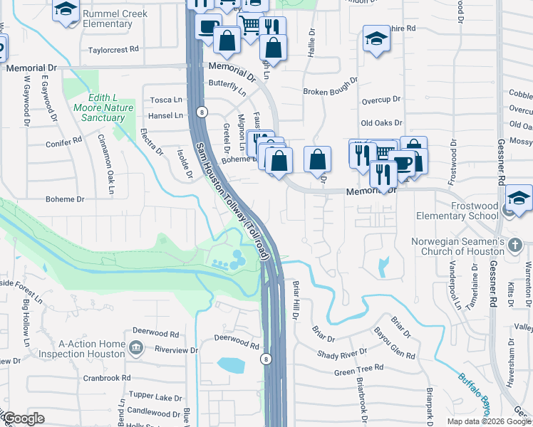 map of restaurants, bars, coffee shops, grocery stores, and more near 203 Faust Lane in Houston