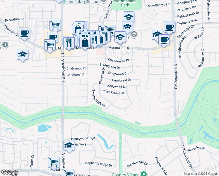 map of restaurants, bars, coffee shops, grocery stores, and more near 14346 River Forest Drive in Houston