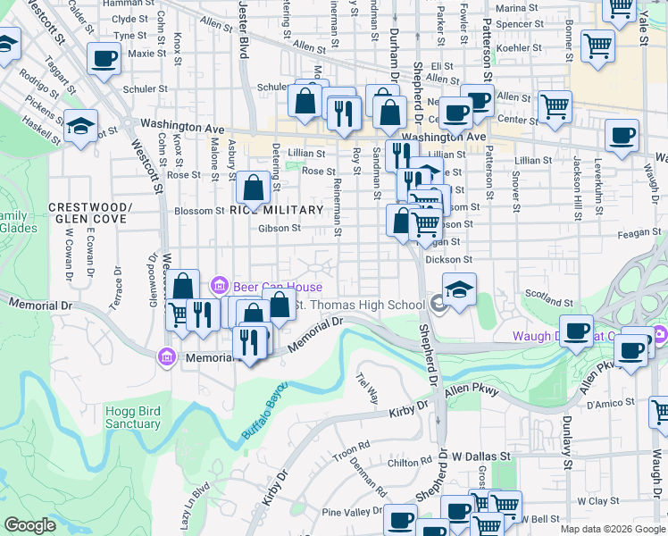 map of restaurants, bars, coffee shops, grocery stores, and more near 117 Reinerman Street in Houston