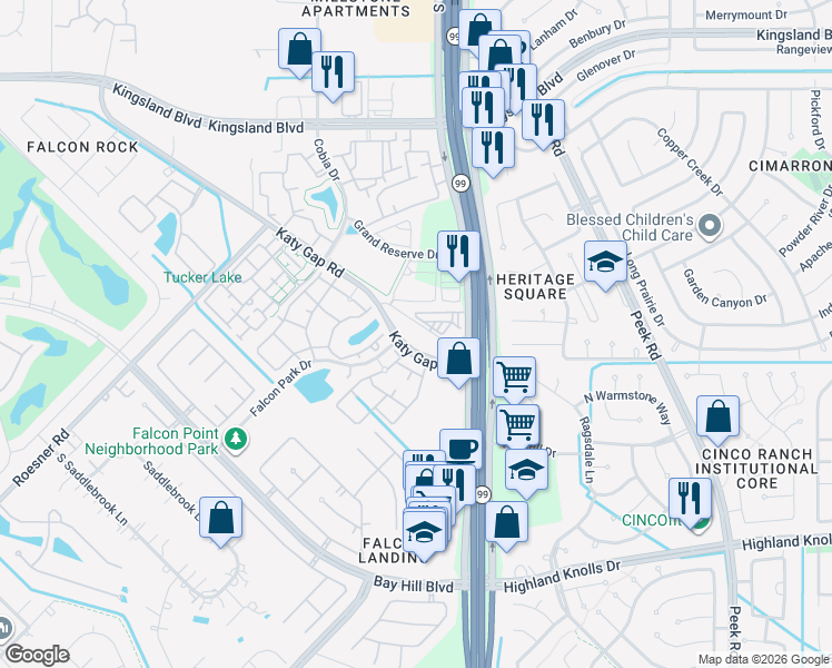 map of restaurants, bars, coffee shops, grocery stores, and more near 1717 Katy Gap Road in Katy