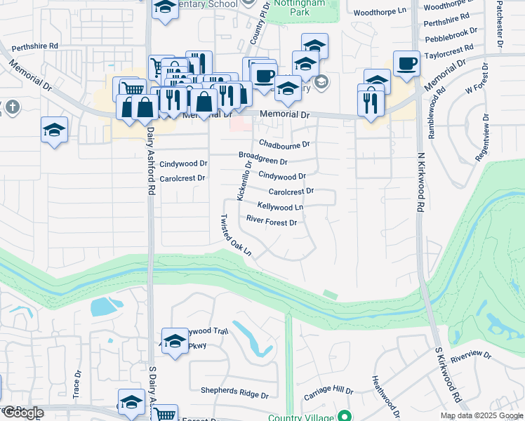 map of restaurants, bars, coffee shops, grocery stores, and more near 14346 River Forest Drive in Houston