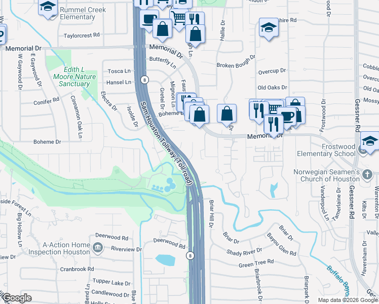map of restaurants, bars, coffee shops, grocery stores, and more near 203 Faust Lane in Houston